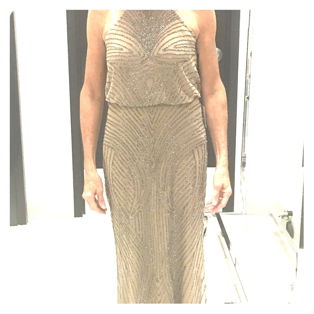 Adrianna Papell Art Deco halter neck beaded gown